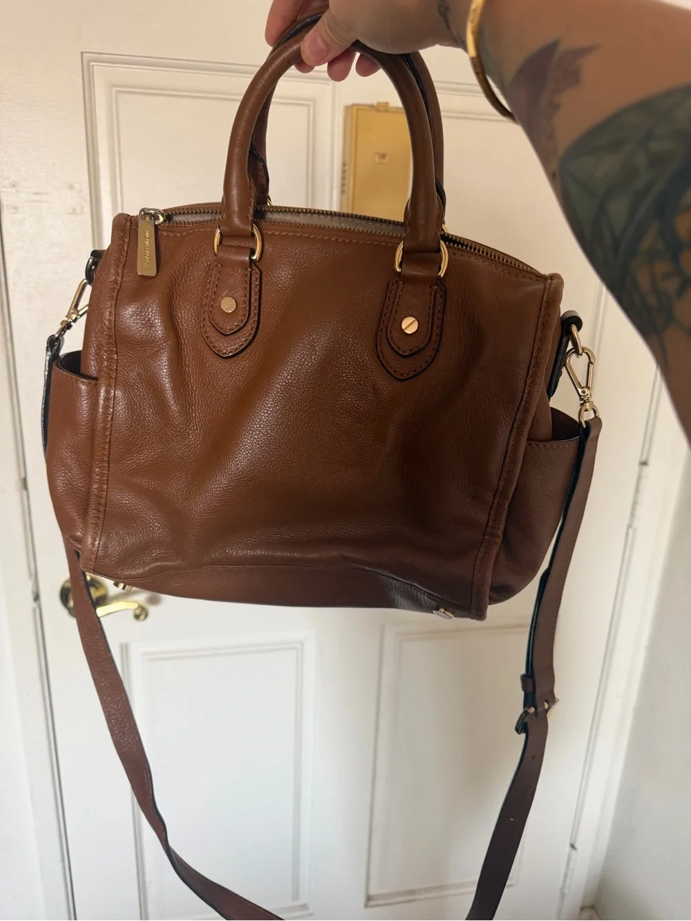 Michael Kors Brown Leather Satchel with Gold MK Emblem